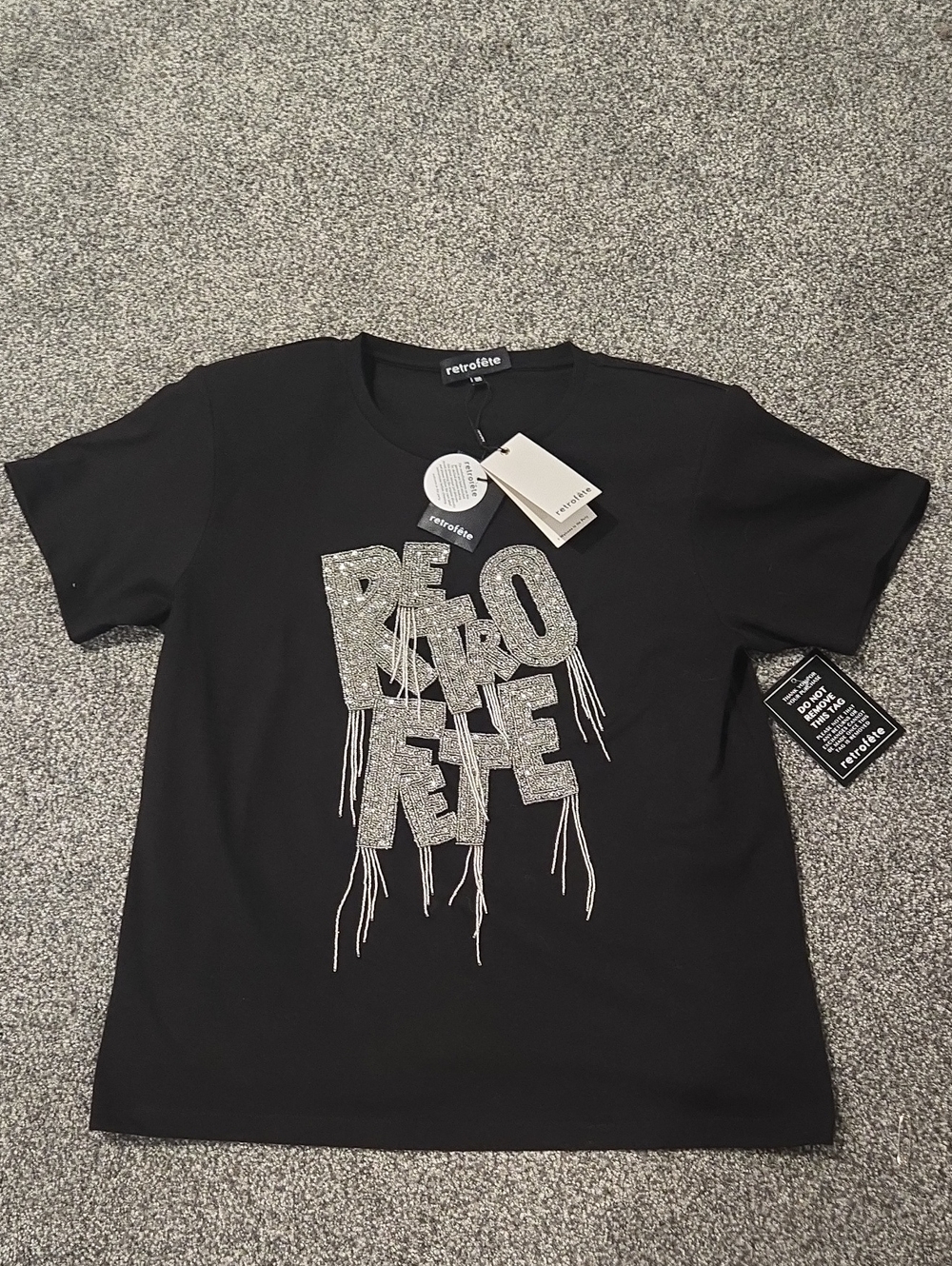 Retrofete Black Tee with Silver Glitter Logo and Fringe